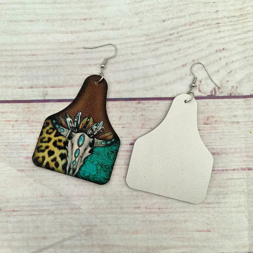 Западный Леопард бирюза корова Череп узор Longhorn ферма Бирка Серьги для женщин