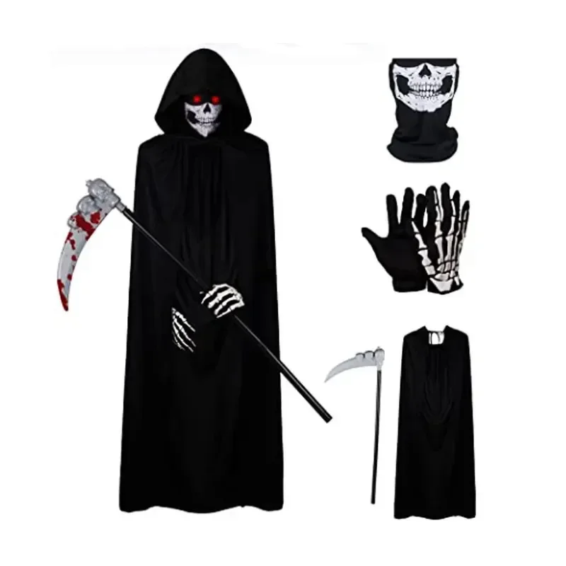 Костюм Для Косплея Grim Reaper Черный Скелет Набор Аксессуаров Хэллоуина Детей И