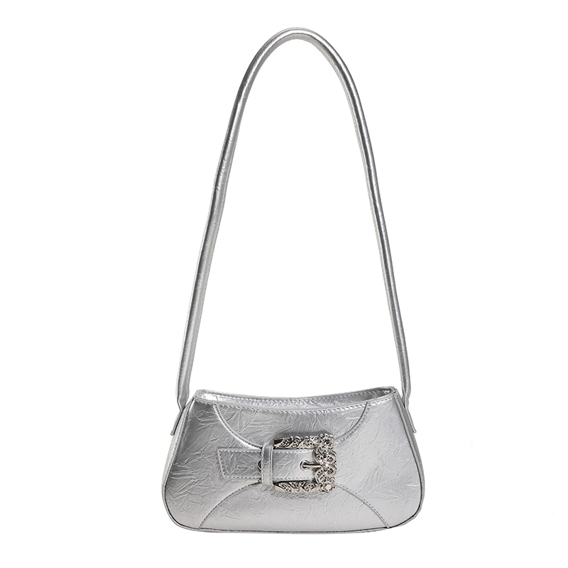 

Y2k Silver Pu Leather Shoulder Bag for Women 2023 Autumn Fashion Handbags and Purse All-Match Female Underarm Bag New Arrivals
