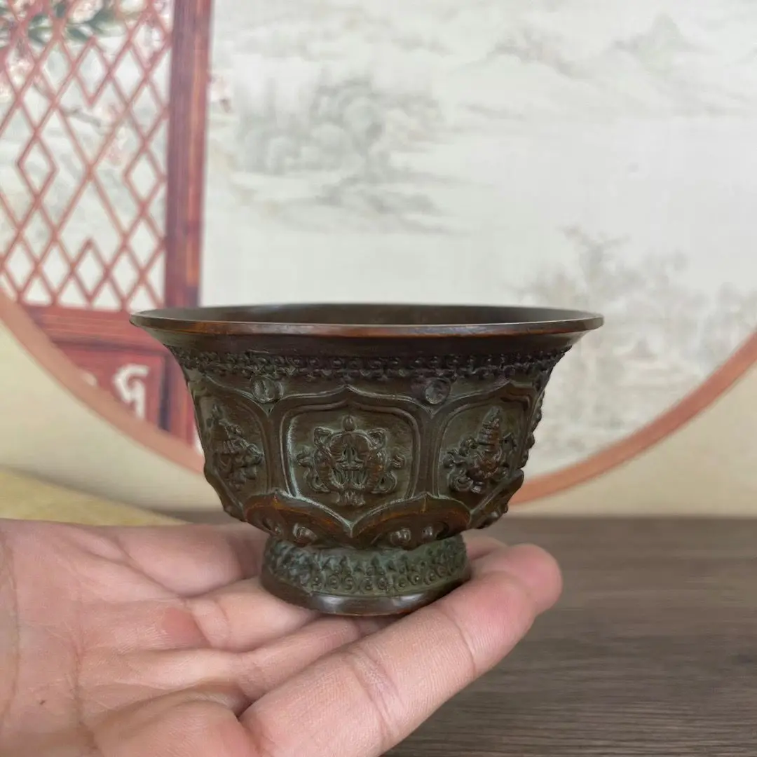 Винтажная медная чаша с восемью сокровищами лотоса приносит удачу и