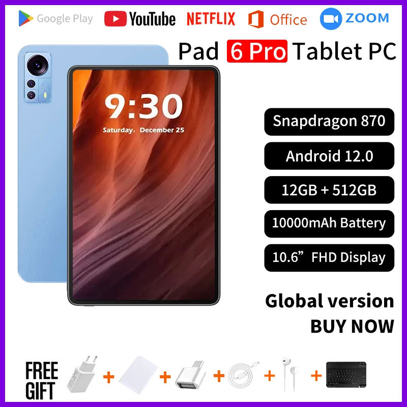 

2023 Original Global Version Tablet Android Pad 6 Pro 12GB+512GB Snapdragon 870 Tablets PC 5G Dual SIM Card or WIFI HD 4K Mi Tab