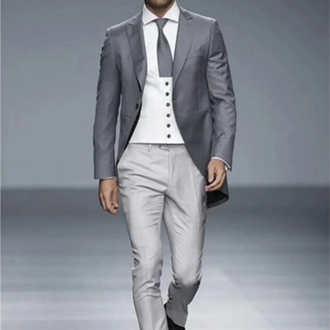Фото Мужской классический костюм-тройка Slim Fit для вечерних мероприятий, серый фрак, пиджак для жениха, свадебный, для выпускного, 3 предмета №3