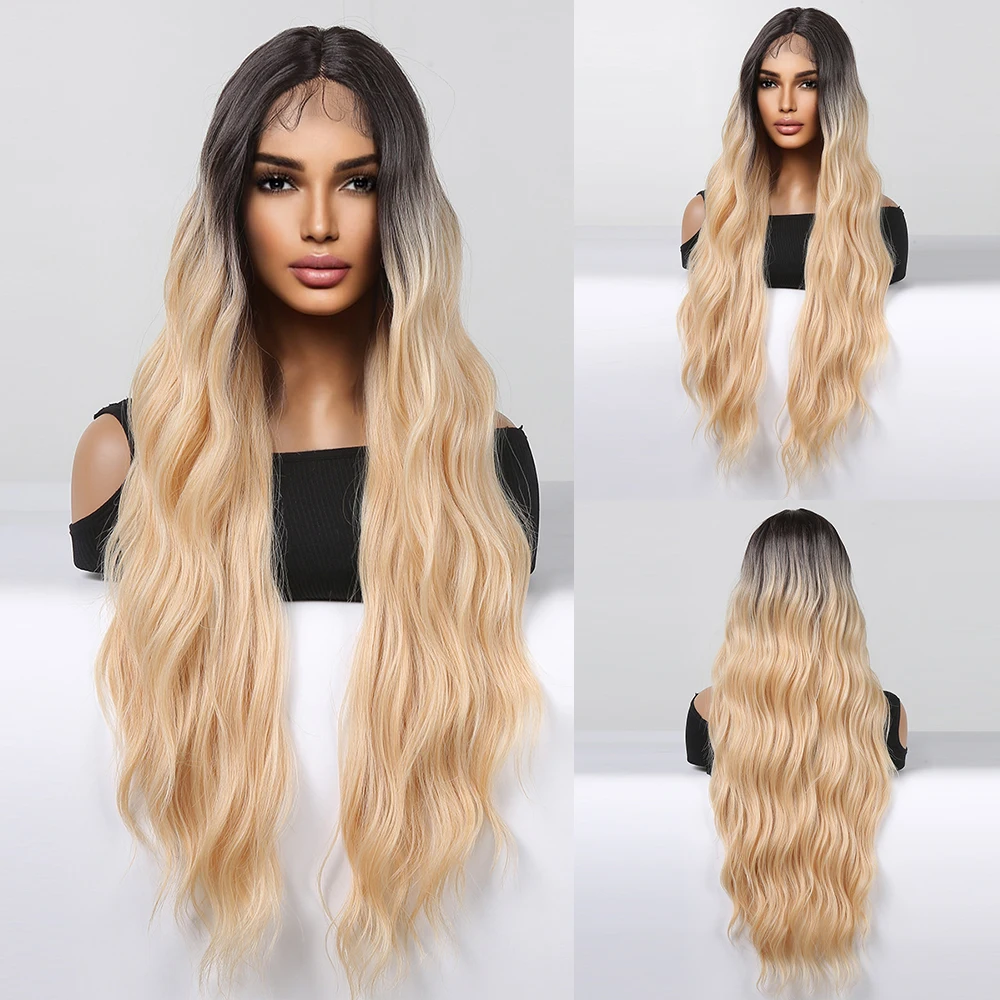 

Парик из синтетического кружева с эффектом омбре, парик с черной и платиновой блондинкой, длинные кудрявые передние парики с волнистыми кружевами для женщин, косплей из искусственных волос высокой плотности
