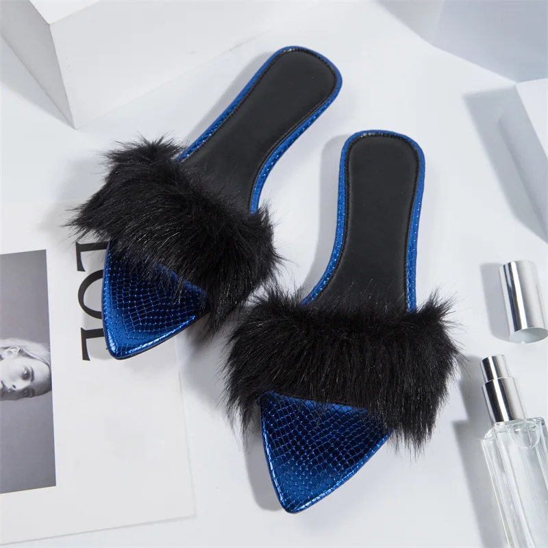 

2022 NEW Summer Women Shoes Woman Slides Transparent Perspex Crystal High Heels Fur Peep Toe Mules Slippers Ladies Slides
