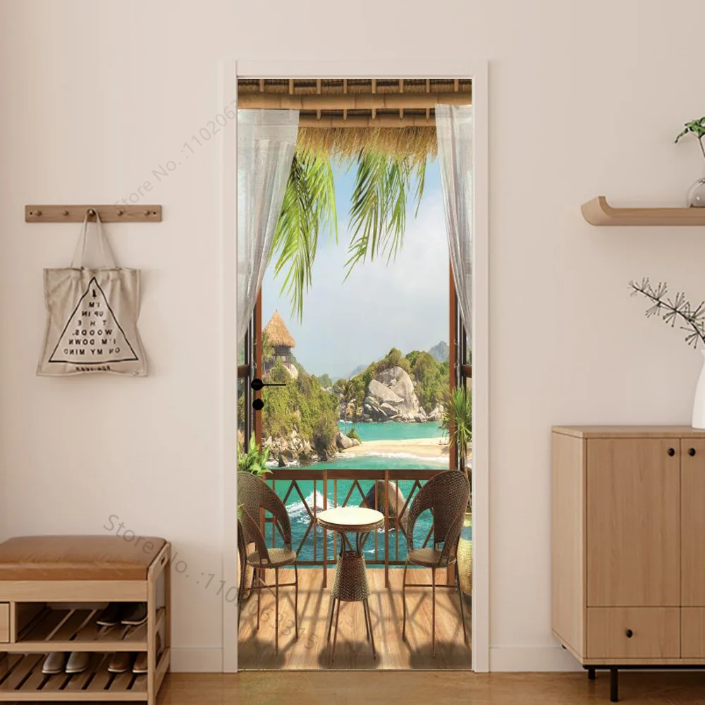 Съемная виниловая наклейка, пейзаж, лес, пляж, дверные обои, самоклеящиеся зеленые листья, HD печать, дверная наклейка, спальня, гостиная