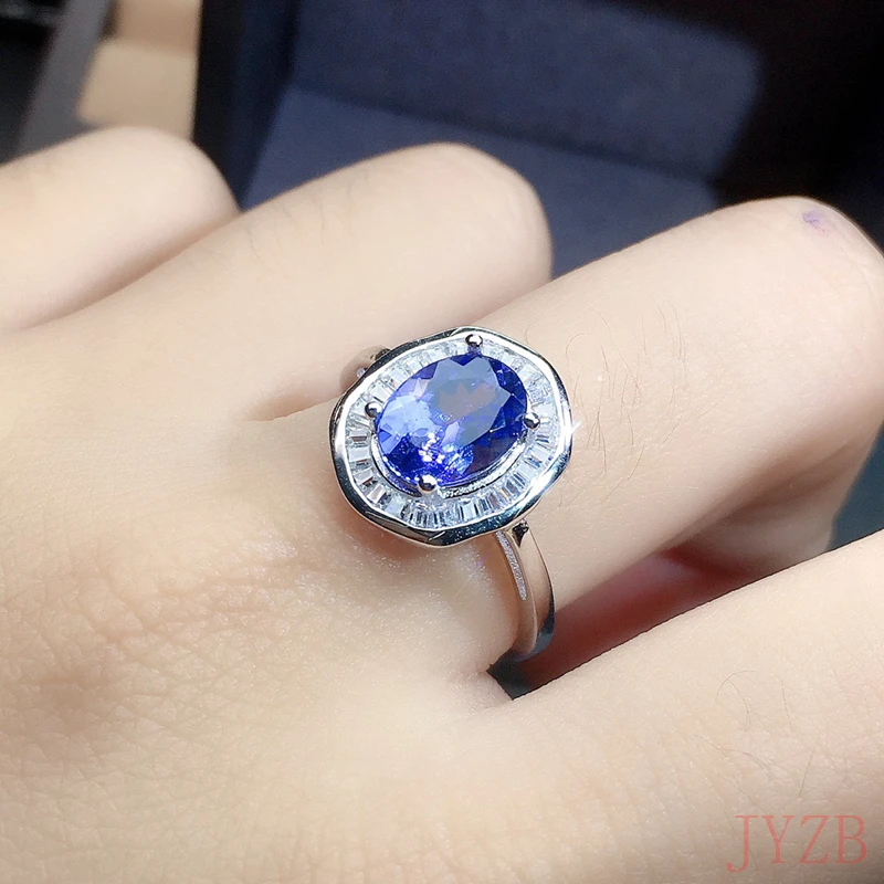 Classic pure natural Tanzanite wedding ring 6*8mm natural Tanzanite ring 925 silver jewelry gift for ladies