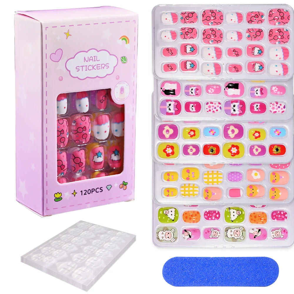 

120pcs/Set Cartoon Design Children Fake Nails Art Girl Convenient Wearable Stick On False Nails Tips Cute Press On Nail Strips