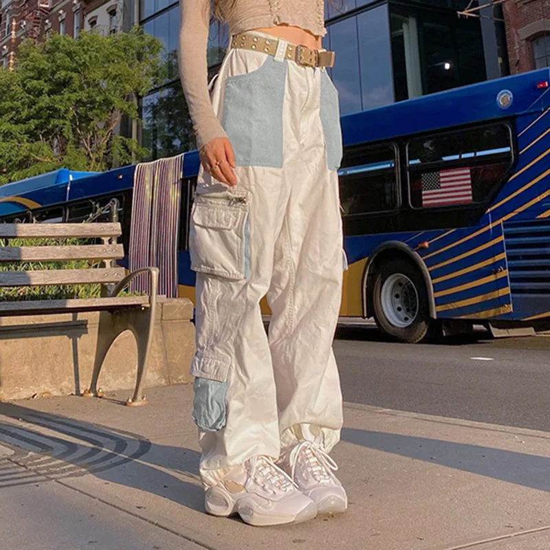 

Y2k Pactwhork Cargo Jeans Big Pockets Zipper Baggy Chic Grunge Trousers Women Korean Pantaloni Casual