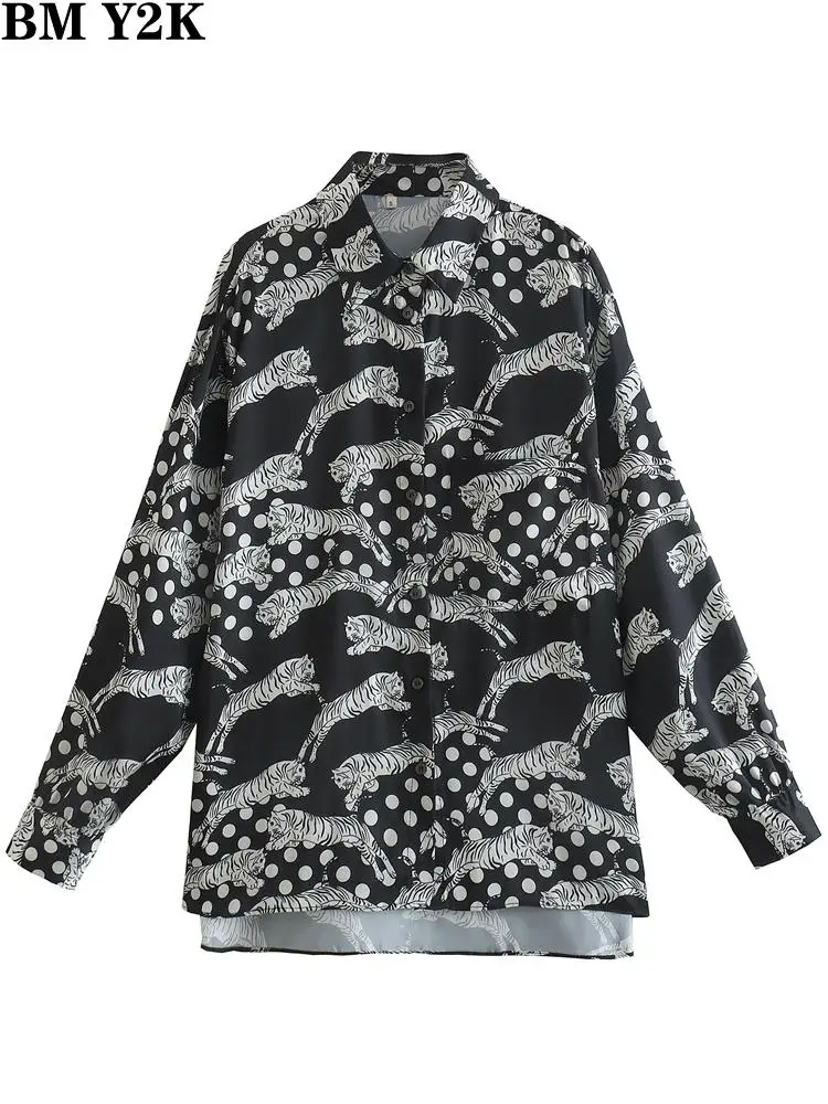 

BM Y2K chemise femme Women fashion tiger print loose asymmetrical shirts vintage long sleeve button-up blouses blusas chic tops