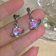 Y2K Heart Planet Drop Earrings for Women Harajuku Fashion Punk Girl Crystal Stars Earring 2023 Korean Trendy Party Jewelry Gifts