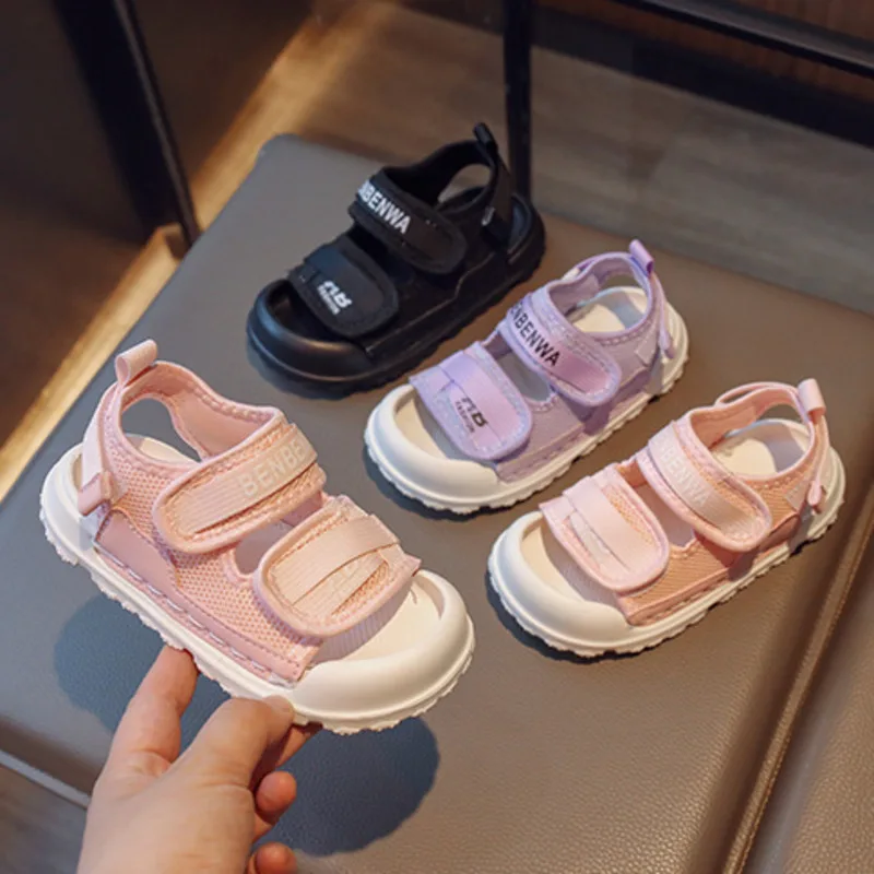 

2023 Mesh Solid Toddler Boys Girls Summer Shoes Hook Loop Anti Slip Sport Sandals For Children Soft Sole Beach Kids' Sandals