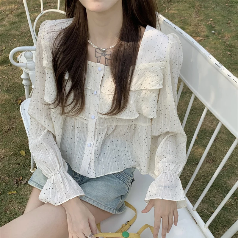 Рубашка женская прямая в горошек милая блузка с оборками топ квадратным вырезом