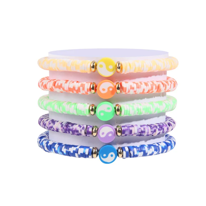 

5Pcs/Set Bohemian Colorful Tai Chi Soft Clay Bracelets for Women Fashion Simple Handmade Elastic Bracelet Vacation Jewelry Gift