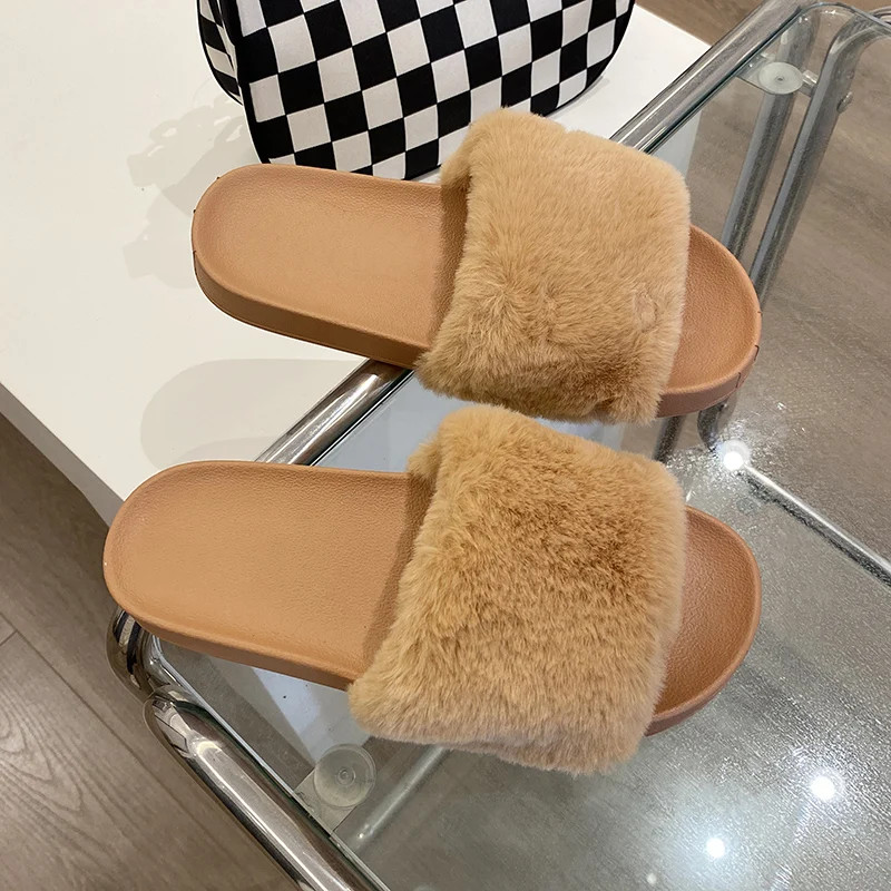 Women Summer Fur Slippers Flat Non-slip Wear-resistant Solid Fluffy Fur Slides Fluffy Slippers Ladies Shoes Woman Home Slipper