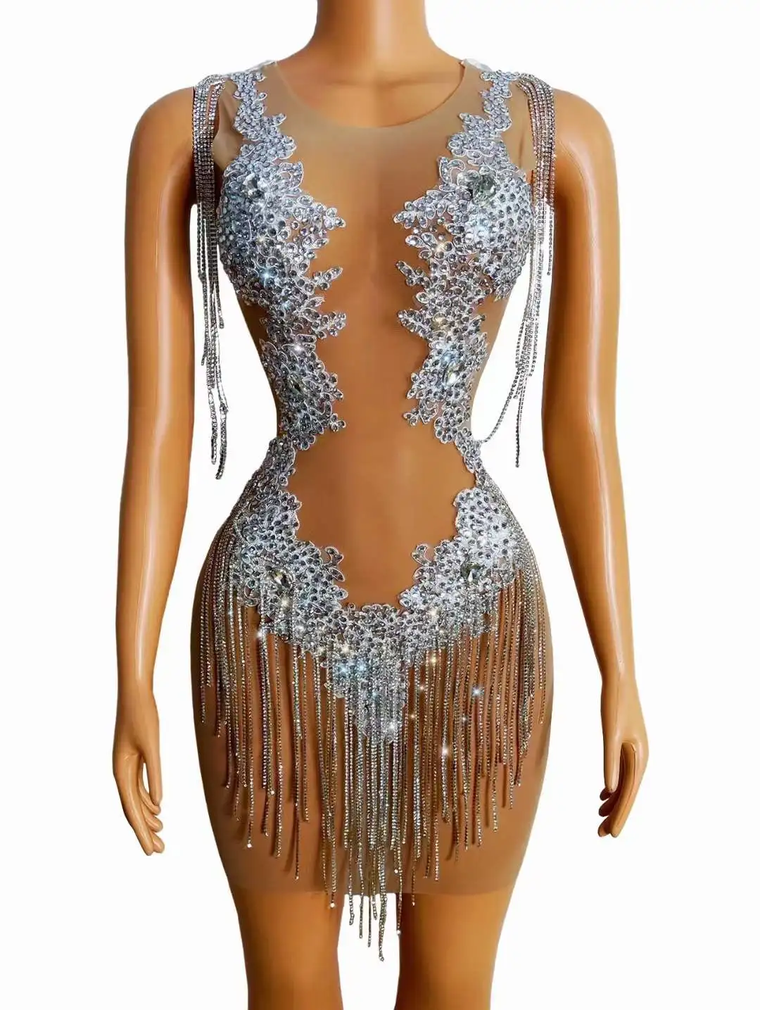 

See Through Mini Dress Fringe Sequins Women Brand Stage Wear Sleeveless Chill Chain Rhinestone Drag Queen Costumes