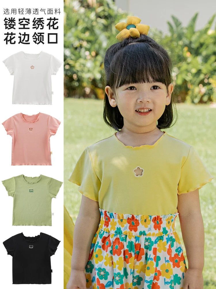

Girls Hollow Flowers Short-Sleeved Top Summer Baby New Solid Color Wave Lace T-Shirt Children's Breathable Clothes