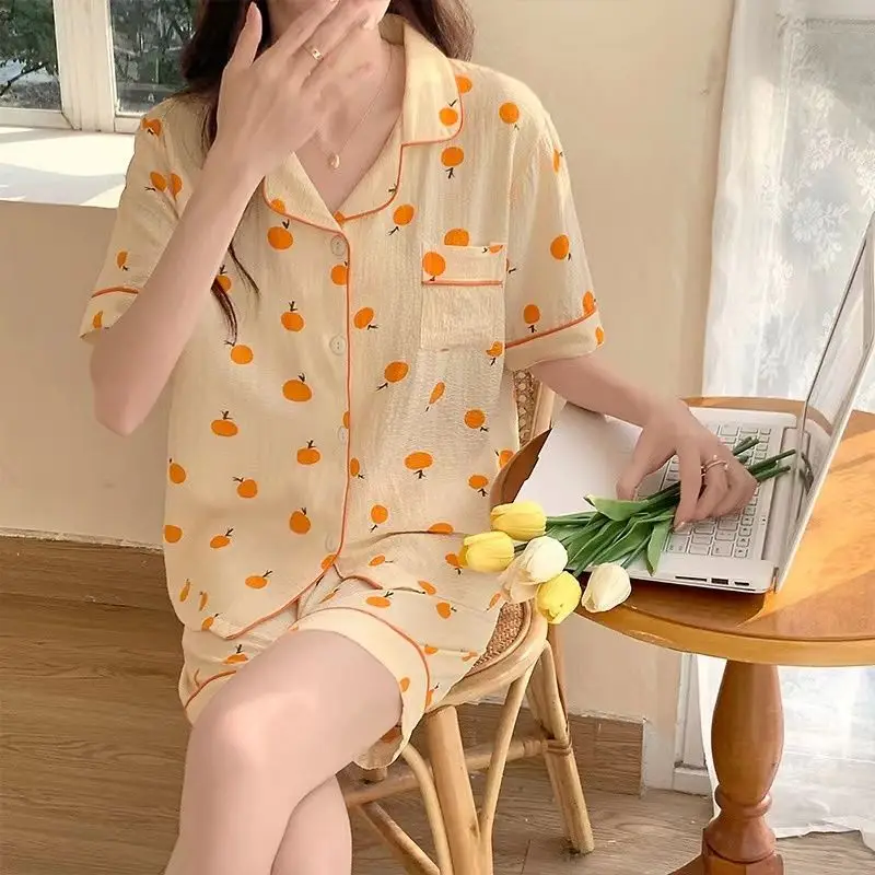 

Orange Sleepwear Women Pajama Shorts Sets 2 Piece Summer Loungewear Pijama Korean Style Home Suit Night Wear Sleeping Outfit New