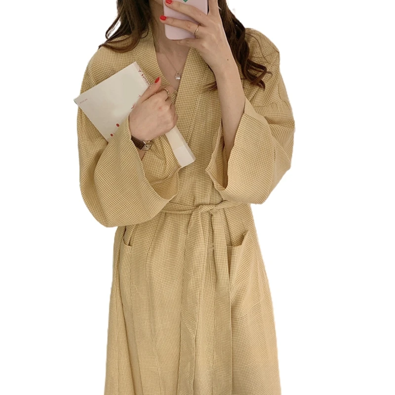 Women Long Sleeve Kimono Robe with Pockets V-Neck Open Front Belted Long Bathrobe Small Plaid Print Loose Nightgown 37JB
