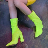 green ankle boot 2022 new solid chunky heel candy colors pointed toe sexy fashion catwalk back zipper elegant shoes for women
