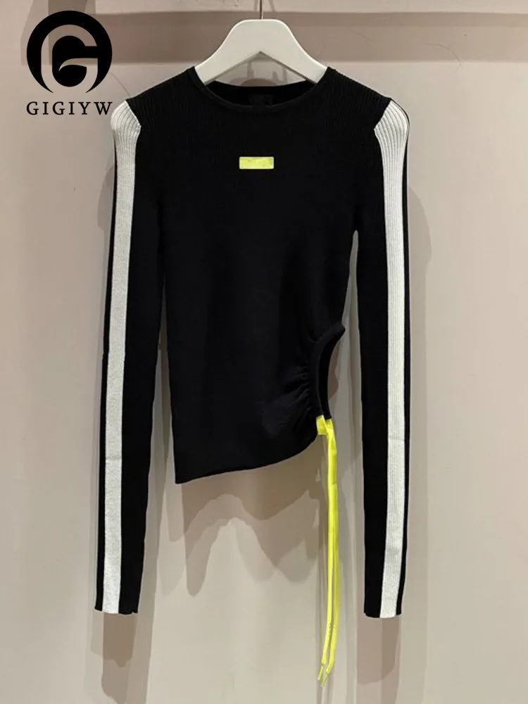 

GIGIYW Design Style Black White Patchwork Pullover Knitted Sweater Shirt Slim Long Sleeve Top Women New Autumn Winter 2022