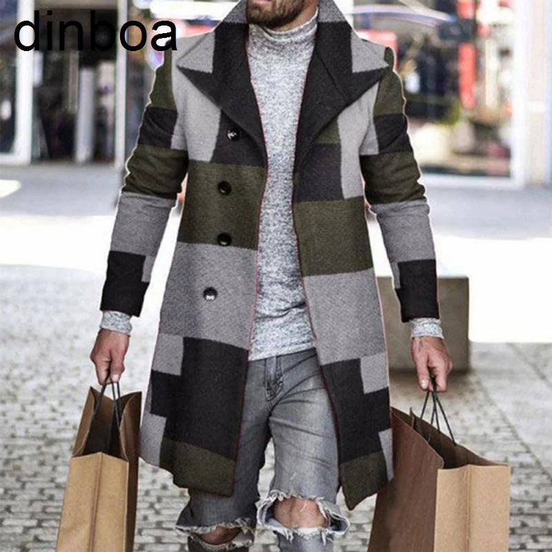 

Retro Houndstooth Print Splicing Woolen Coat Men Casual Turn-down Collar Button Jacket Autumn Winter Pocket Long Windbreaker Man