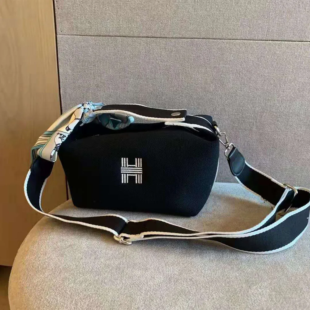

Fashion H Letters Women Canvas Shoulder Bag Cosmetic Handbag With Top Handle Wide Strap Canvas Clutch Purse Messenger Box