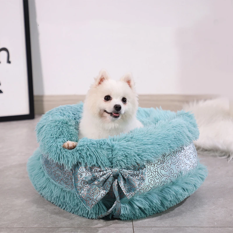 

Cute Cat Beds Pet Dog Warm Bed Luxury Bowknot Decoration Fluffy Round House Soft Long Plush Bed Dog Basket Animals Sleeping Bed