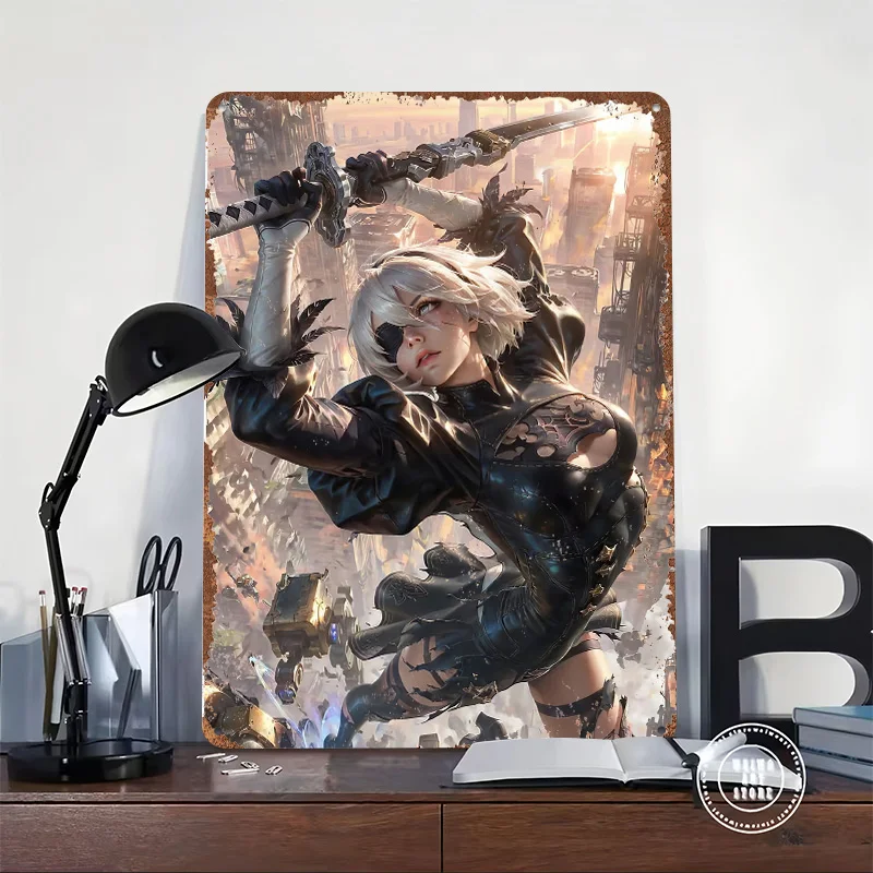 Фото Металлическая 3D-табличка/постер с текстурой «2B Nier Automata Sword Action», персонализированная, для кофейни, аксессуаров, домашнего декора №2