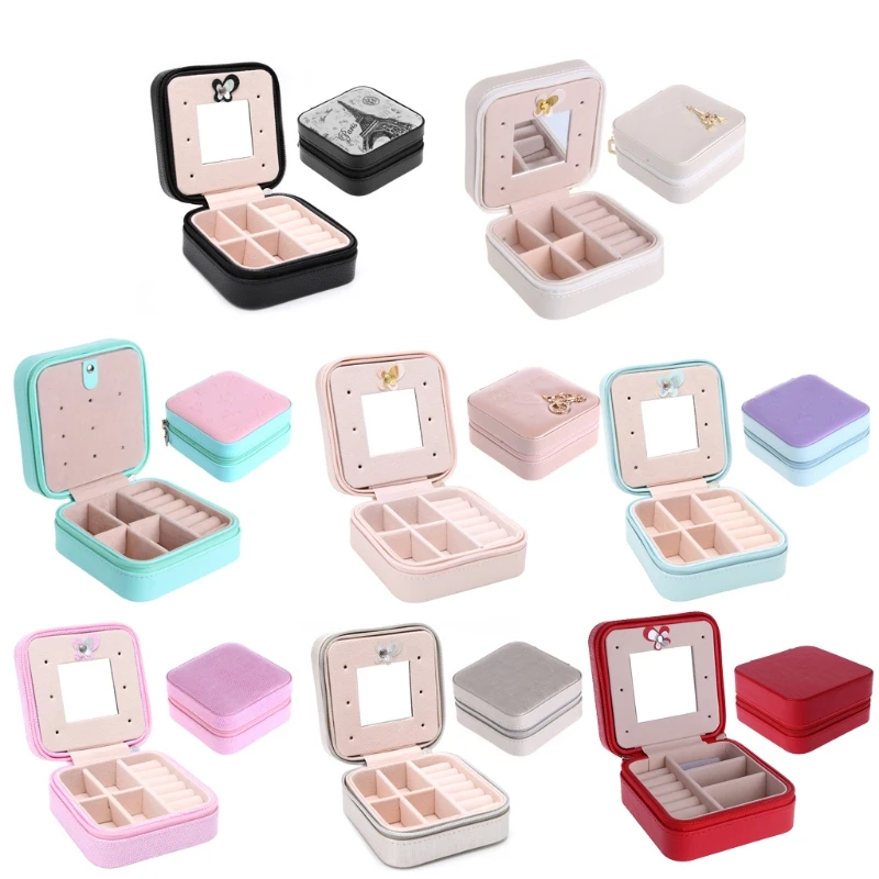 

Leather Jewelry Display Box Earrings Necklace Holder Storage Box with Mirror
