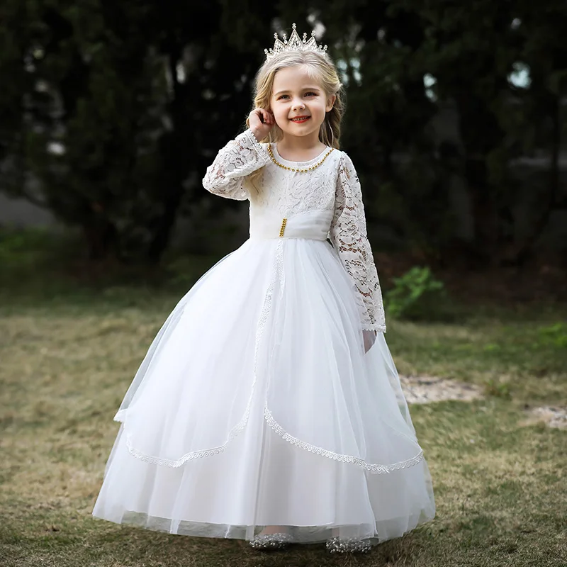

Girls White Floral Bridesmaid Princess Party Wedding Ceremony Dress Teenager Pageant Beading Long Prom Costume 13 14 Vestidos