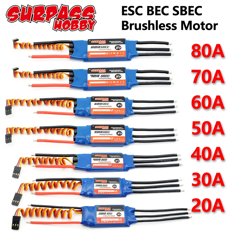 

SURPASS HOBBY 20A 30A 40A 50A 60A 70A 80A ESC Speed Controller 2-6S BLHeli BEC SBEC for RC FPV Airplanes Multicopter Helicopter