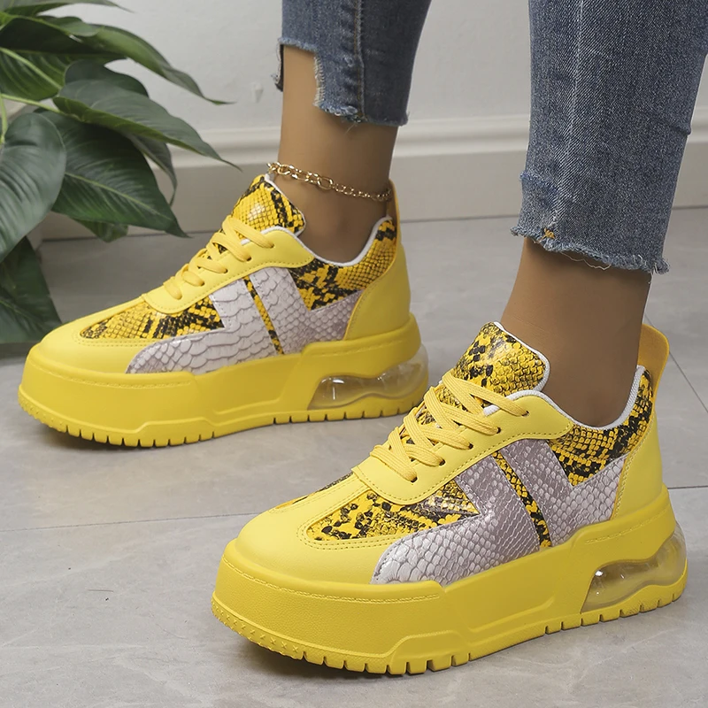 

Snake Prints Chunky Sneakers Women Air Cushion Platform Vulcanized Shoes Woman PU Leather Non-Slip Thick Sole Casual Shoes 2023