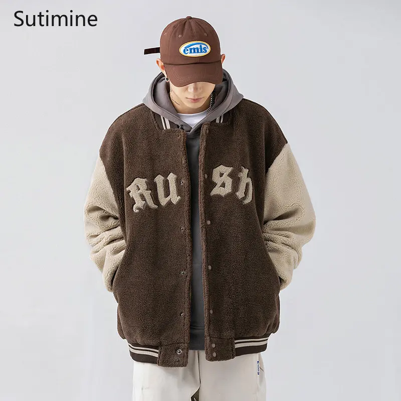 Men Clothing Casual Stand Collar Lamb Down Baseball Jacket Cotton Padded Jacket Embroidered Male Pockets  Winter Coat