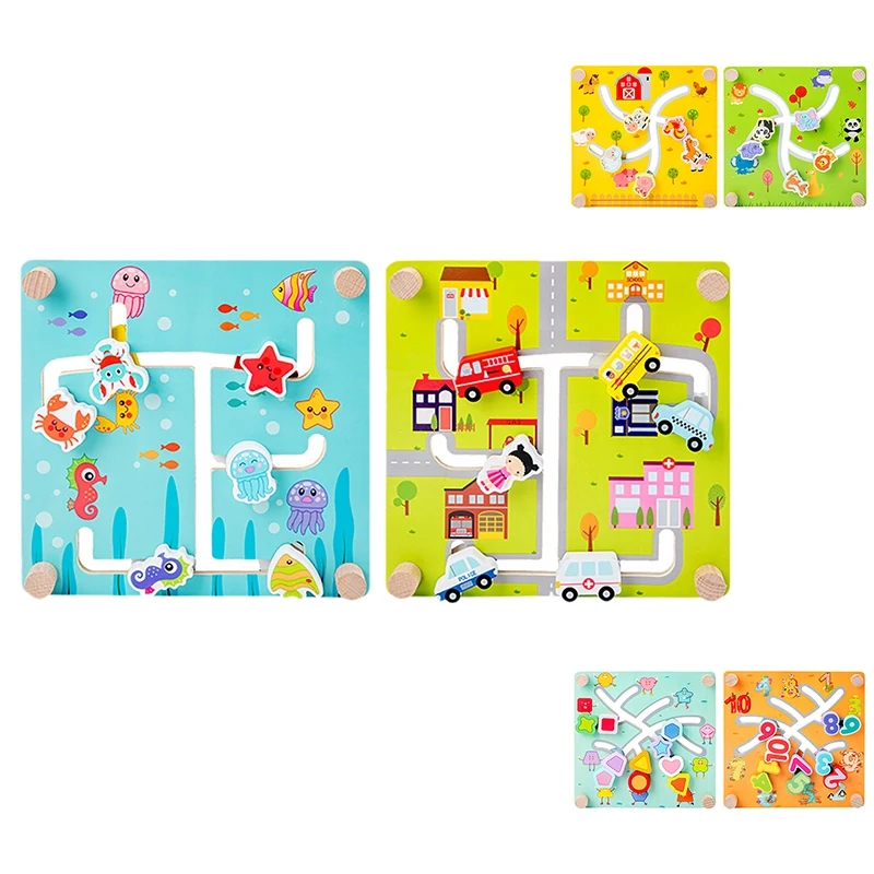 

Двусторонний Трековый Лабиринт для раннего развития, цифровая игрушка в форме животного с распознаванием транспортной фермы, деревянная и...