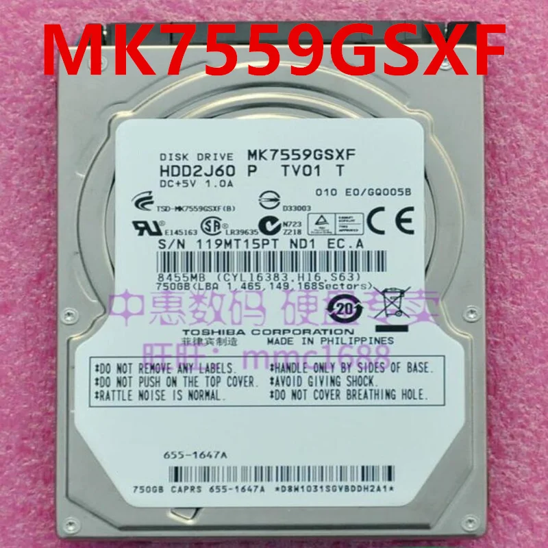 

95% Новый оригинальный жесткий диск для Toshiba 750GB 2,5 "16MB SATA 5400RPM для MK7559GSXF
