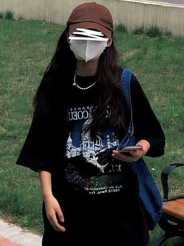 

Черная Повседневная Свободная футболка 2022, Женская хлопковая футболка в Корейском стиле Харадзюку Y2K, футболка с принтом, топы большого раз...