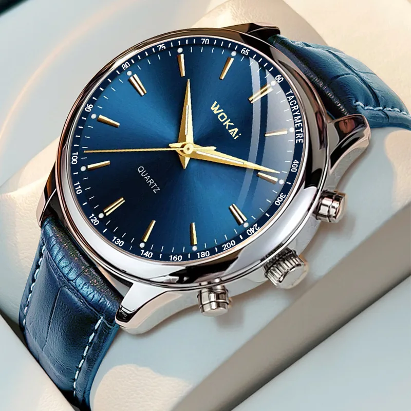 Новинка 2023, мужские синие часы Wokai, Повседневные Спортивные кварцевые наручные часы с кожаным ремешком, мужские часы, мужские часы