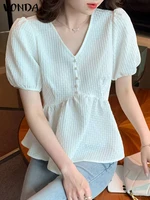 women short sleeve tops 2022 vonda sexy v neck pleated tops casual baggy blouse casual loose blusas baggy femininas oversized