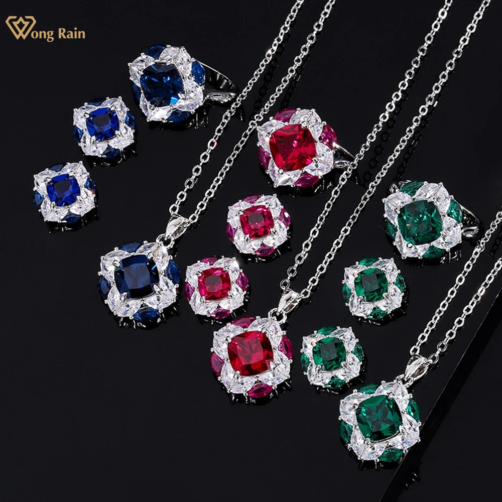 

Wong Rain Vintage 925 Sterling Silver Lab Ruby Emerald Sapphire Gemstone Necklace/Earrings/Ring Jewelry Sets Anniversary Gift