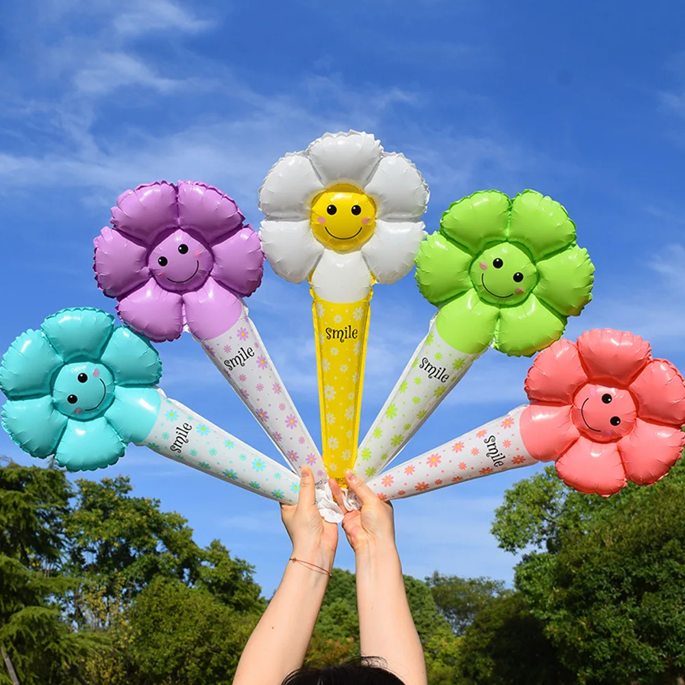 

Summer Outing Smiling Face Sunflower Daisy Flower Hand-held Balloon Stick Against Photo Prop Kid Holiday Party Ballon Decoration