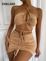 chillgio halter ruched dress women summer sexy beach hollow out slim dresses streetwear party solid backless sheath sundress