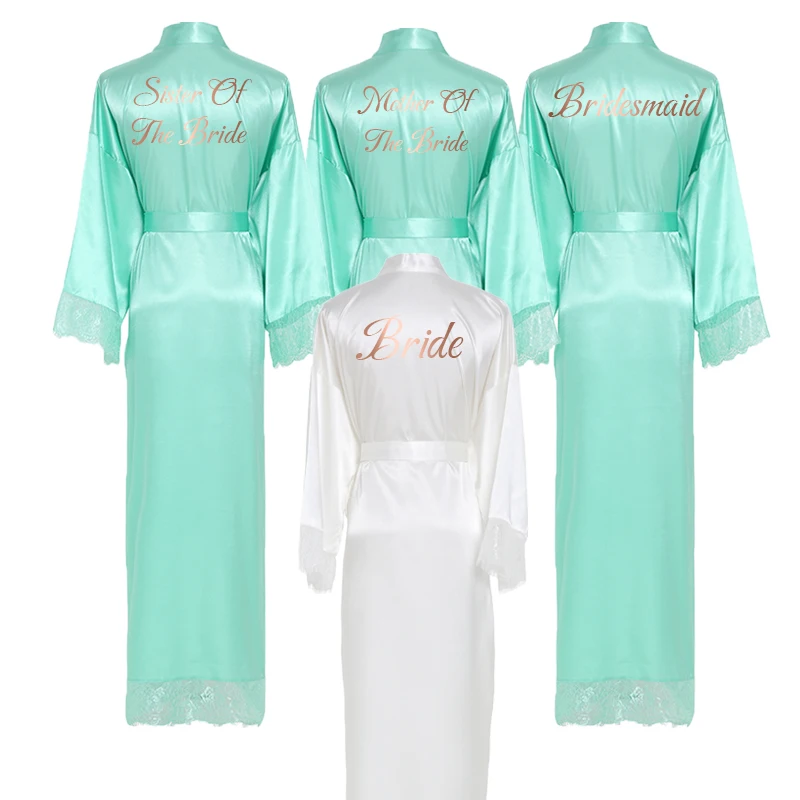 OWITER Silk Satin Lace Robes Bridesmaid Bride Robe Bridesmaid Robes Women Wedding Long Robe Sleepwear Bathrobe Mint Robes