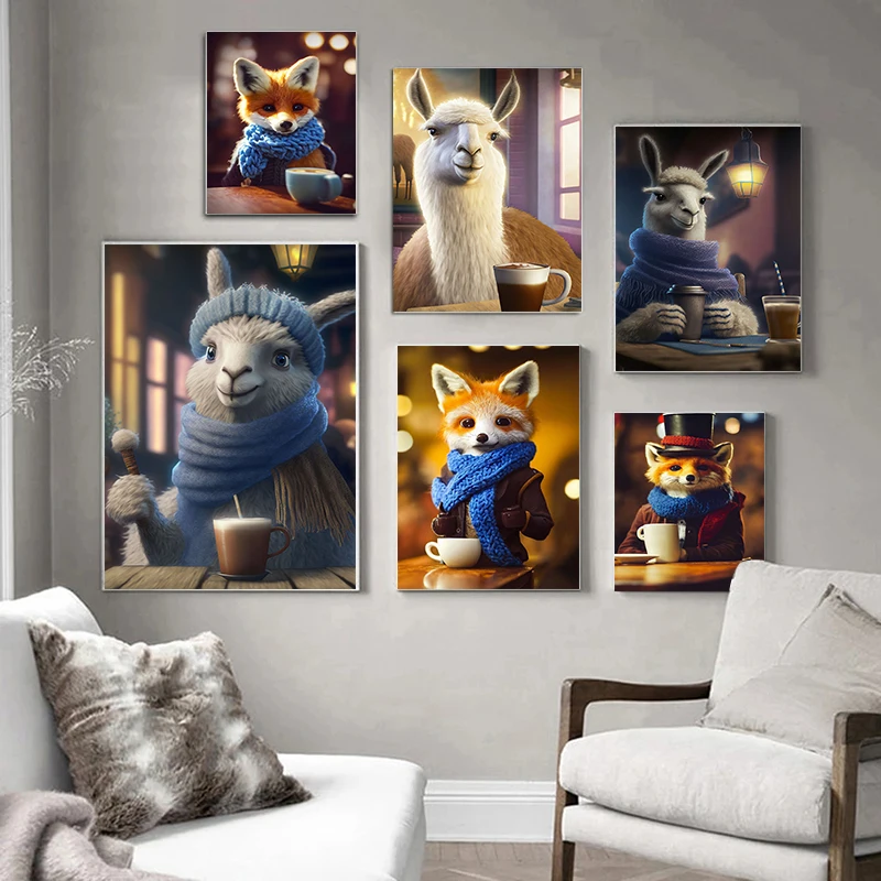 

Interesting Animal Fox and Lamb Drink Coffee Printing Canvas Painting Poster Wall Art Picture Cafe Home Living Room Decoration