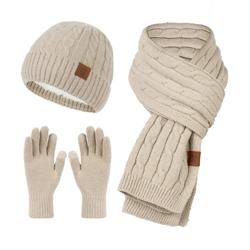

3pcs/set Womens Hat Scarf Glove Sets Winter Knitted Keep Warm Soft Thick Three Piece Set Christmas Female Fleece Warm Scarf Set