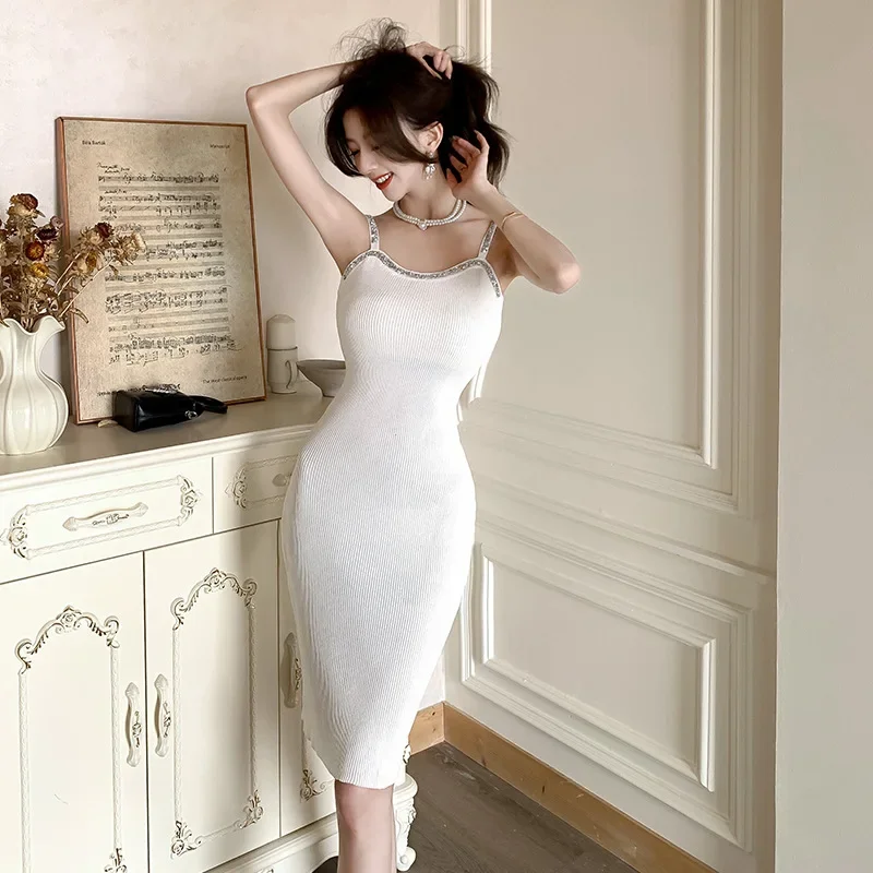 2024 Summer Women's Fashion Rhinestone Embellished Tank Dress Sexy Waist-Fitted Knit Korean Style With Backless Design