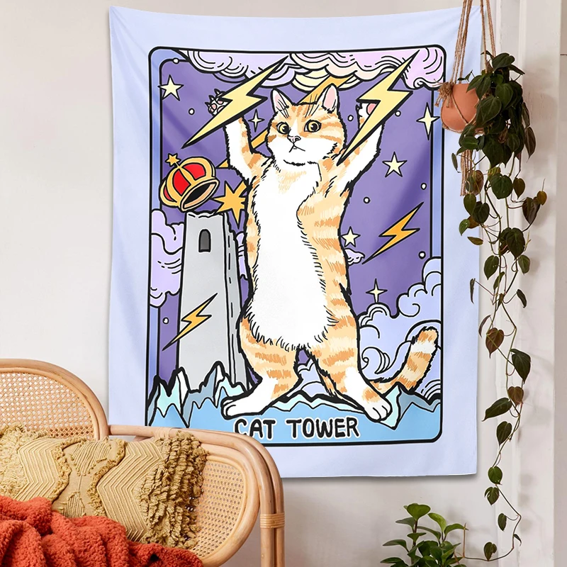 

Tarot Cat Tapestry Cat tower Sun Moon Wall Hanging Printed Witchcraft Hippie Bohemian Cartoon Aesthetic Room Decoration Mural