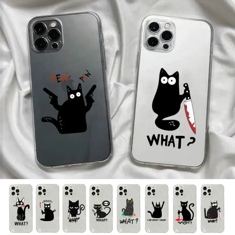 

Funny Black Cat What Phone Case for iPhone 11 12 13 mini pro XS MAX 8 7 6 6S Plus X 5S SE 2020 XR clear case