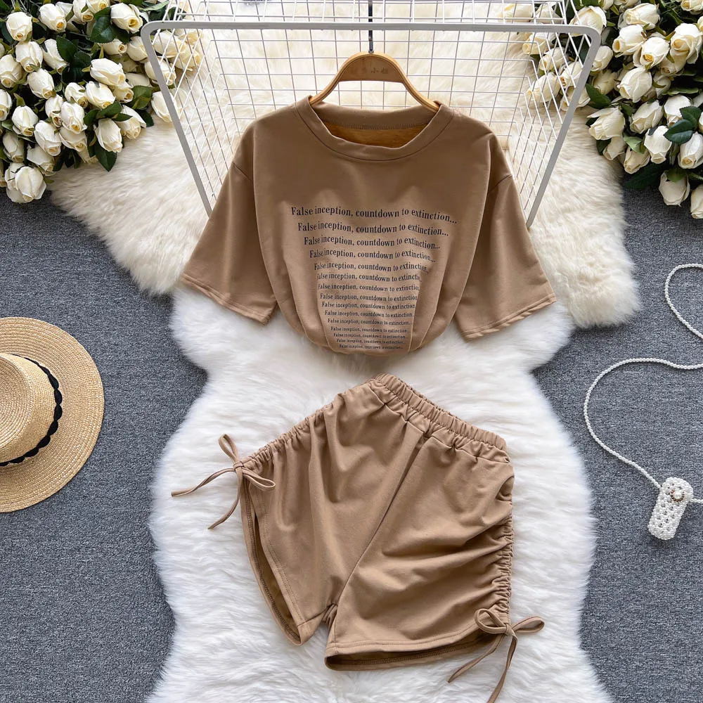 

2022 Summer New Sports Suit, Letter Print Short-Sleeve T-shirt All-Matching Drawstring Wide Leg Pants Two-Piece Set