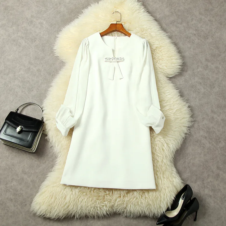 New European and American women's wear for winter 2022 Long sleeve nail beaded bow V-neck loose fashionable dress