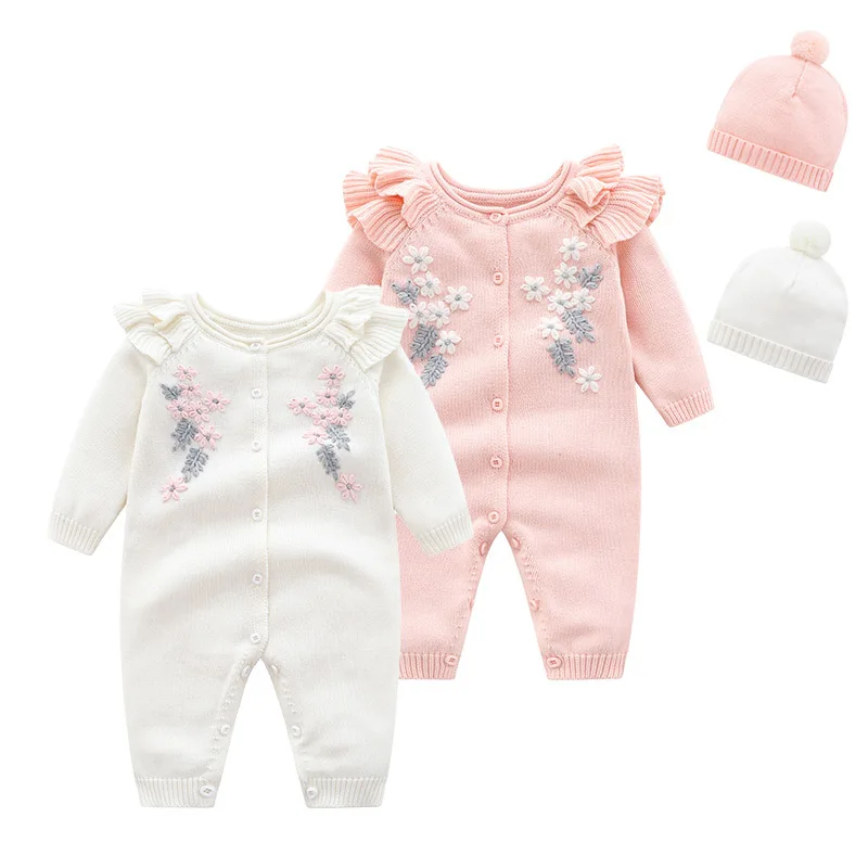 0-24m Baby Girl Winter Clothes Baby Girl Romper Long Sleeve Fleece Warm Knitted Bodysuit Newborn Outfit with Hat